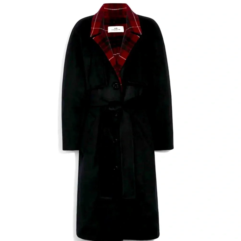 Women’s Coach Relaxed fit large Never Worn Wool Belted Trench Red Plaid Trim - Picture 1 of 11